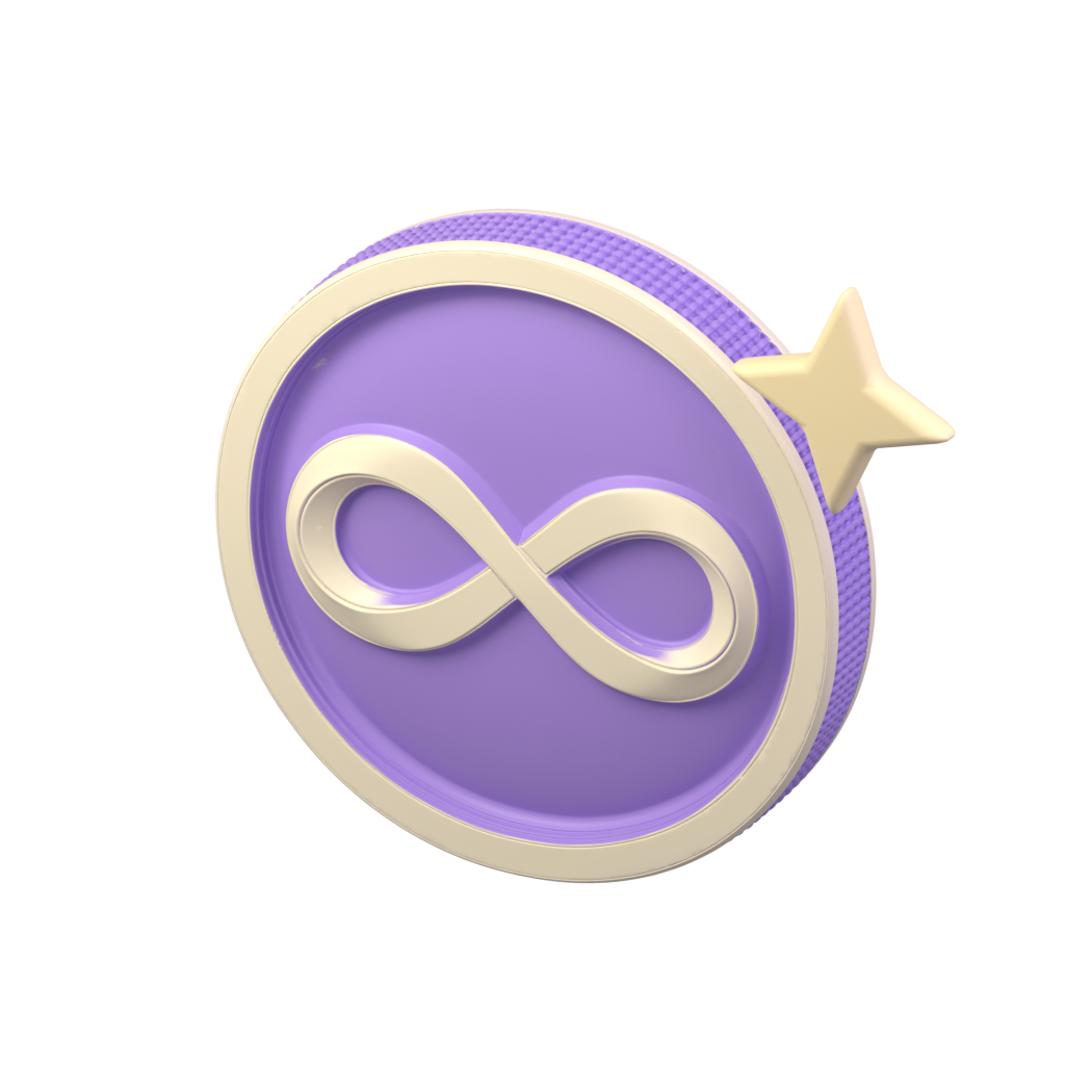 Interactive lavender IMG coin with an infinity symbol and golden sparkle
